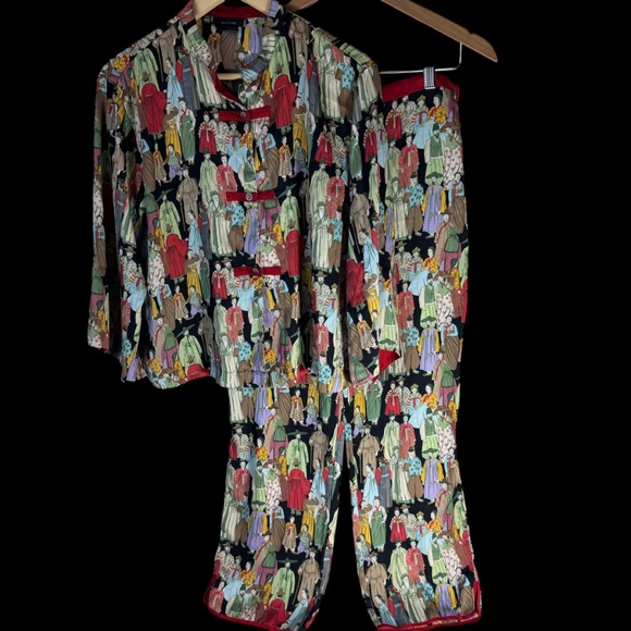 Natori Dynasty Asian Print Mandarin Collar Cropped Pants PJ Set Sz S - Picture 3 of 8